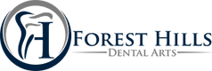 The image displays a logo with text, which includes a stylized emblem resembling a bird s head, a circular design with the words  FOREST HILLS  in bold uppercase letters, and below that, a smaller text reading  PUBLIC RELATIONS.  The background is white, and there are two horizontal bars at the bottom of the logo.