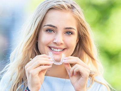 A woman holding up a clear dental aligner with a smile on her face.