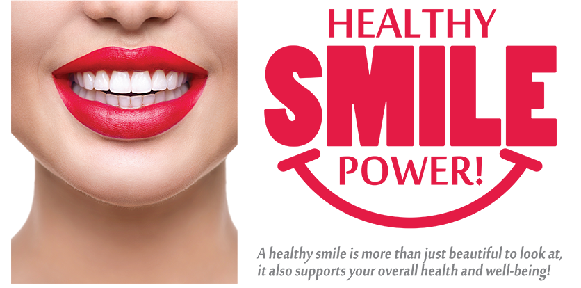 The image features a close-up of a person s face with red lipstick, against a white background, with text overlaying the image that reads  HEALTHY SMILE POWER,  suggesting an advertisement for dental or cosmetic services related to smile enhancement.